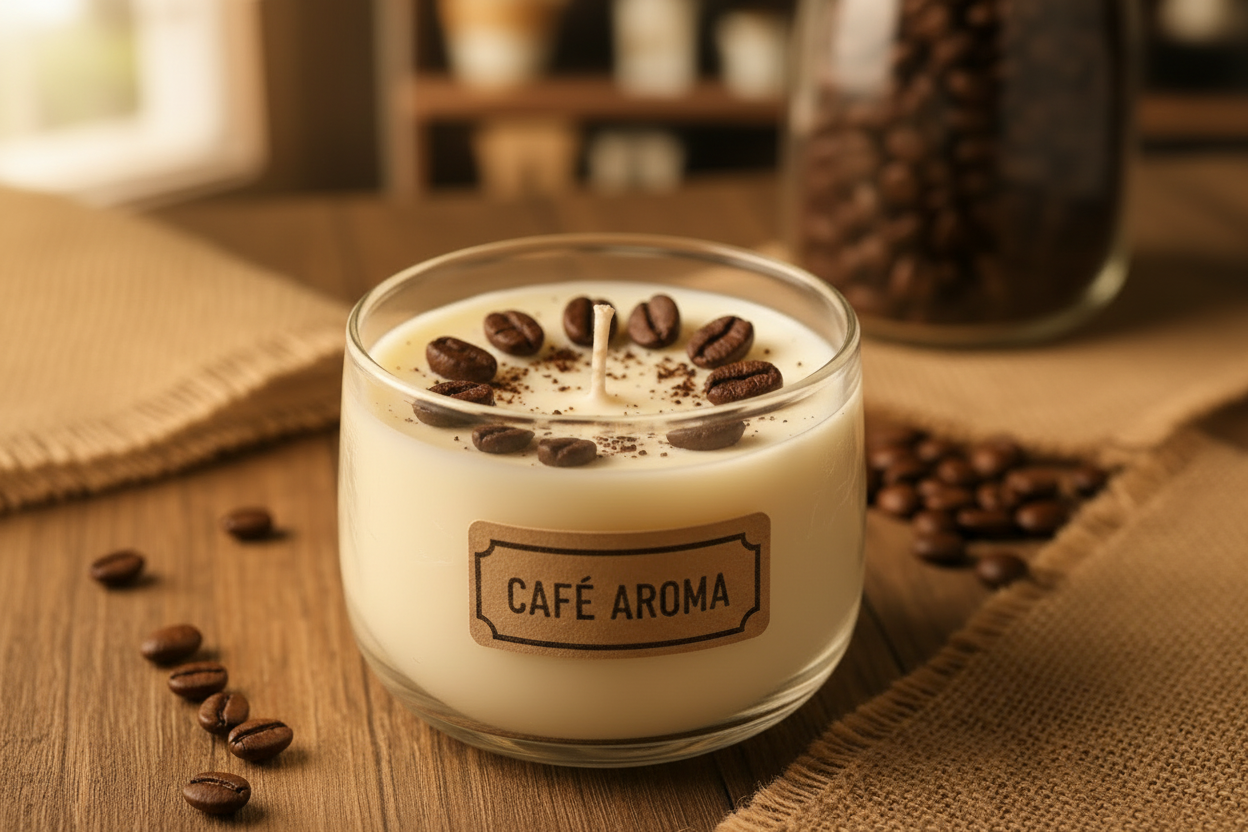 Coffee bean cup candle in cozy setting